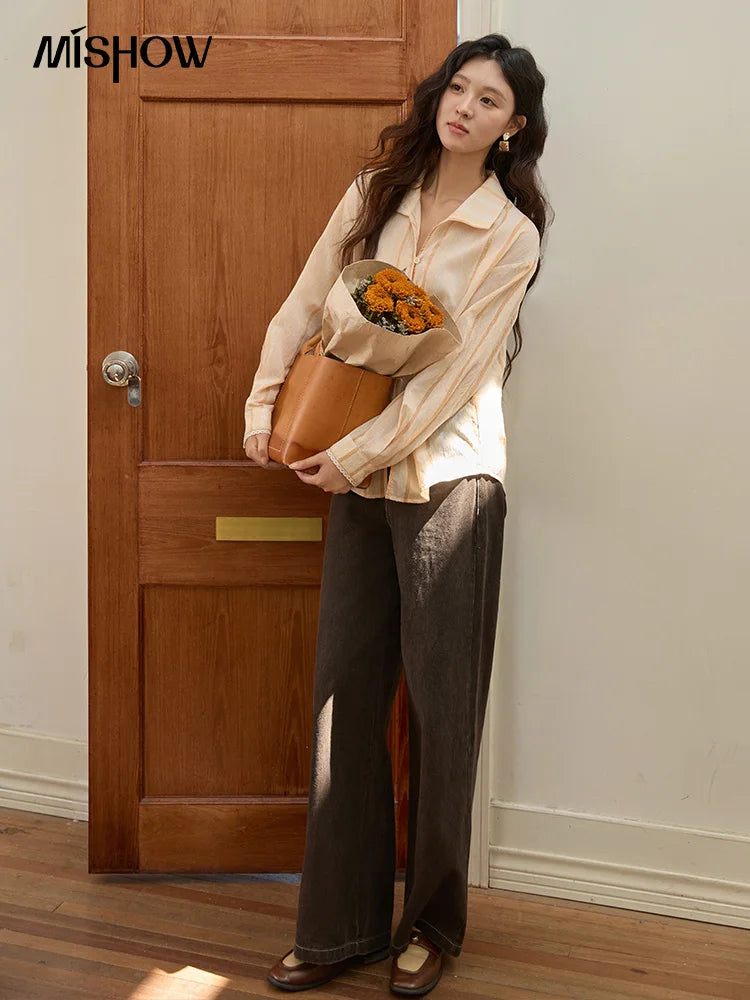 MISHOW Women's Korean Orange Stripe Linen Shirt 2025 Autumn Lapel Collar Lace Trim Cuffs Breathable Shirt Office Lady MXE43C2379