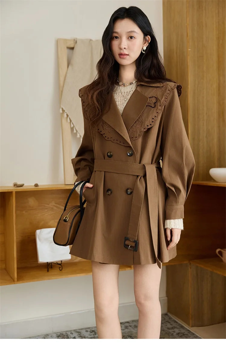 MISHOW Women's Trench Coat 2025 Autumn Hollow Embroidery Mid-length Windbreaker Double-breasted Belt Retro Jacket MXE46W0862