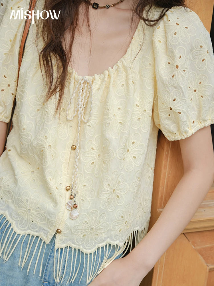 MISHOW Women's Fashion Hollow Out Blouse Summer 2025 Embroidery Puff Sleeve Square Collar Tassel Ladies Casual Top MXE37X1851