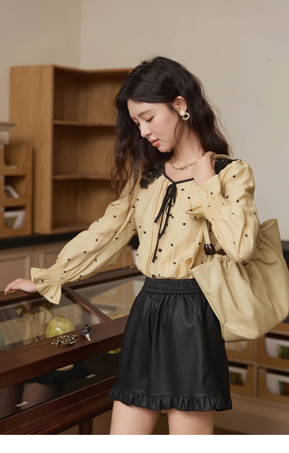 MISHOW Women's Yellow Heart Printed Shirt Autumn Lace Hollowed Out Collar Bubble Sleeve Top Lace-up Commuter Shirts MXE41X1949