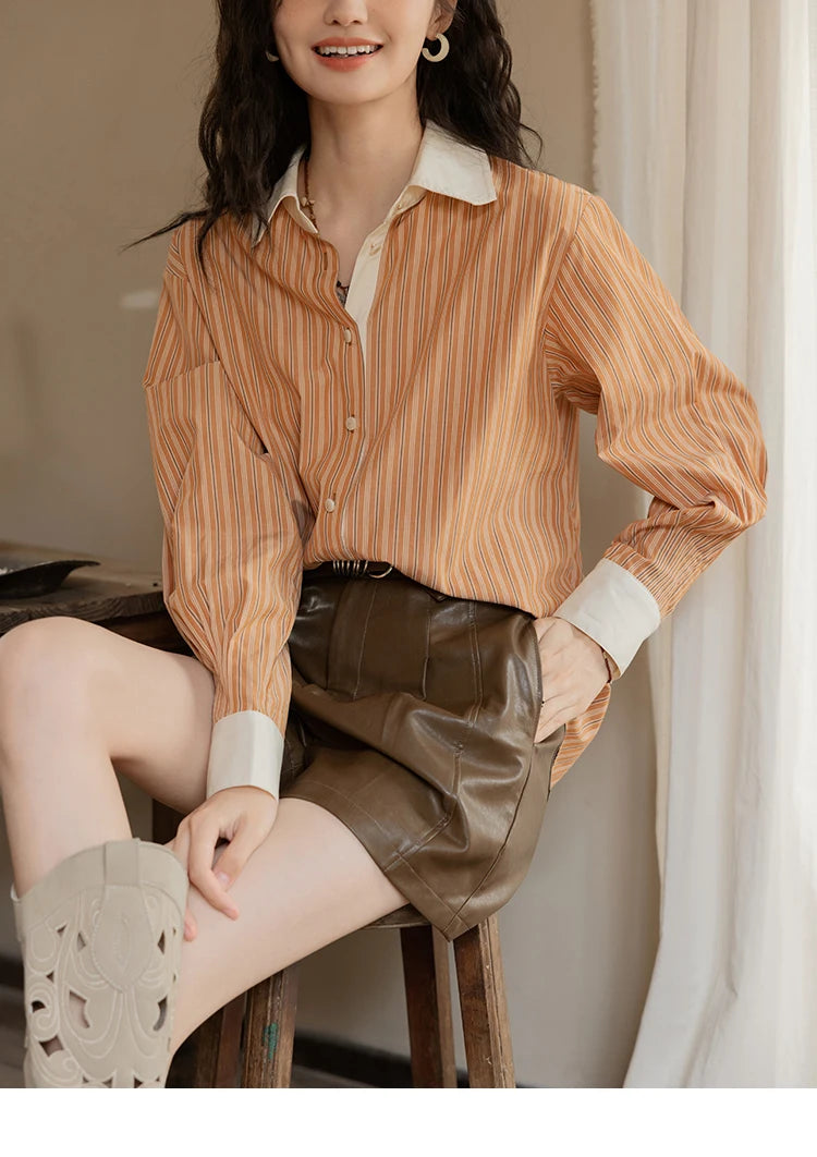 MISHOW Loose Striped Shirt for Women Autumn 2025 Contrasting Lapel Top Single Breasted Patchwork Shirts Office Lady MXD41C0286