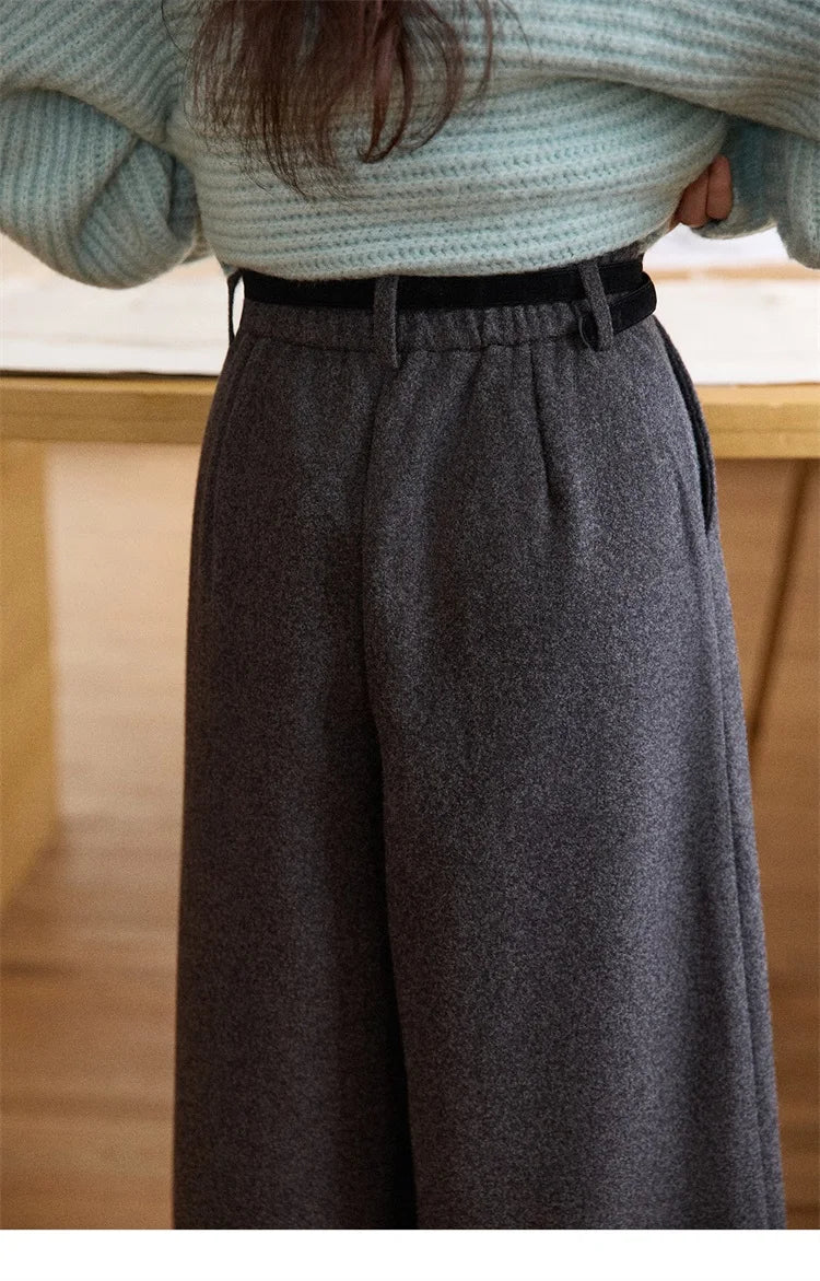 MISHOW Women's Pants 2025 Fashion Gray Wool Wide-leg Pants High-waisted Cropped Retro Style Commuting Pants Warm MXE90K1128