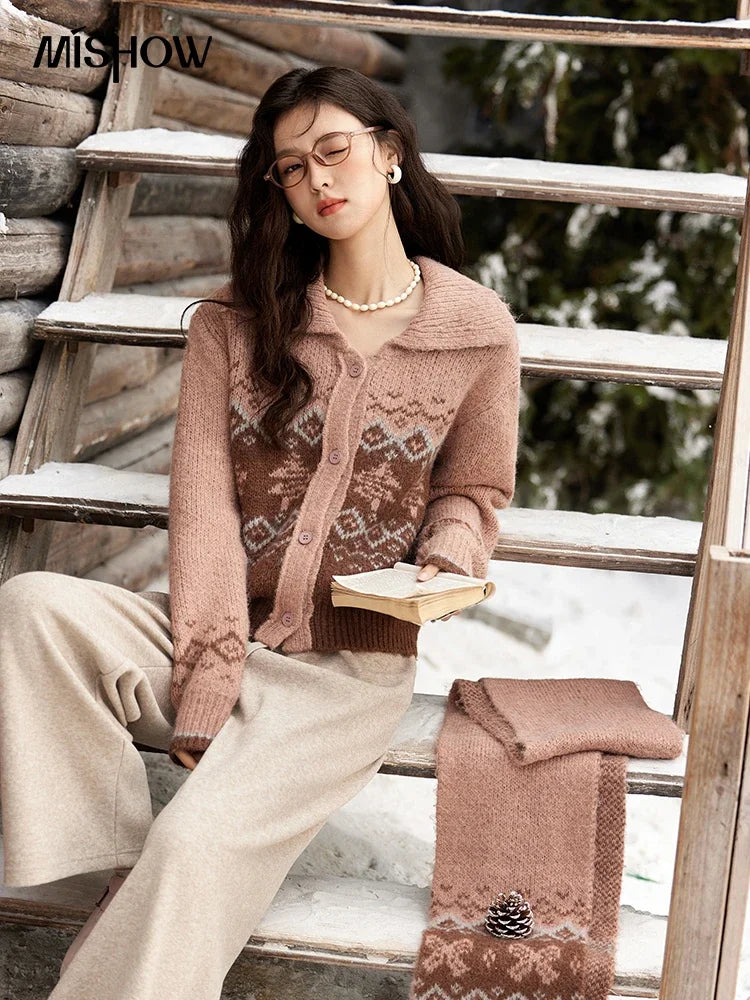 MISHOW Fair Isle Knitting Sweater Christmas Retro Cardigan Women Temperament Turn Down Collar Soft Warm Knitted Coat MXD58Z1036