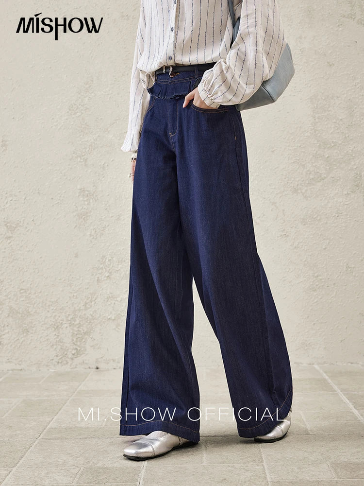MISHOW Casual Spring Summer Jeans for Women 2025 Stitching Ruffle High Waist Jeans Female New Fashion Wide Leg Pants MXE16K0907