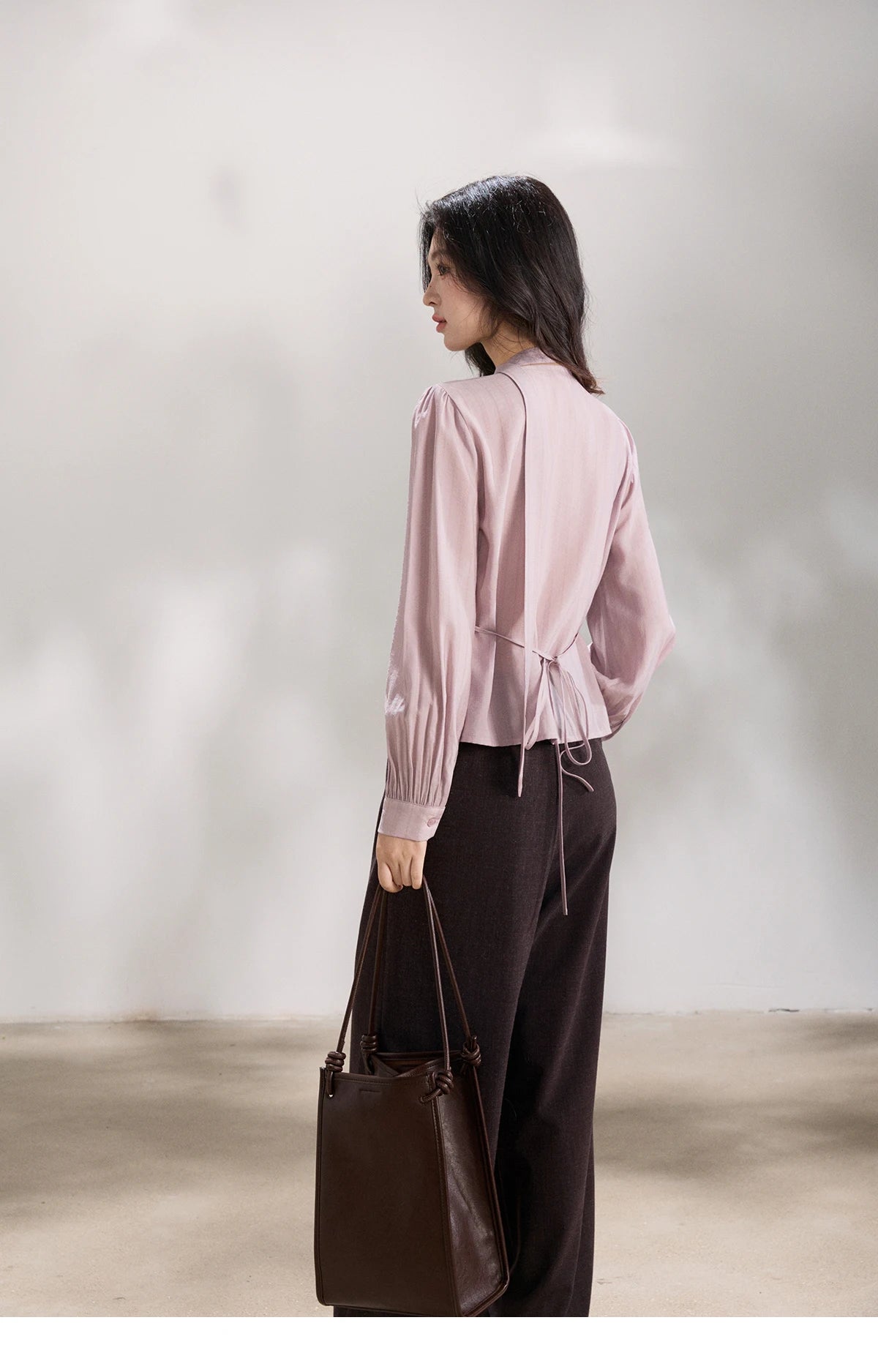 MISHOW Women's Purple Sweet Shirts 2026 Spring Ribbon V-Neck Ruffled Asymmetrical Shirt Back Lace-up Waist Casual Top MXF13X2527