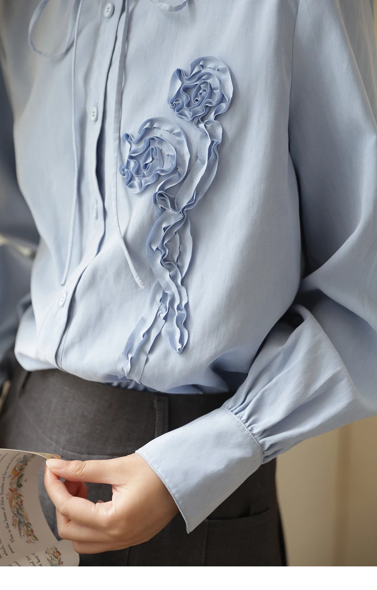 MISHOW Coiled Flowers Embroidered Blue Shirt for Women Autumn 2025 Stand Neck Lace-up Brushed Shirts Office Lady MXE44C2398