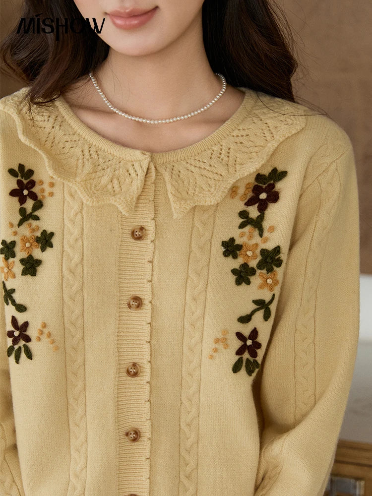 MISHOW Women's Cable Knit Cardigan Spring Peter Pan Collar Floral Embroidery Sweater Long Sleeve Casual Loose Tops MXF11Z2904