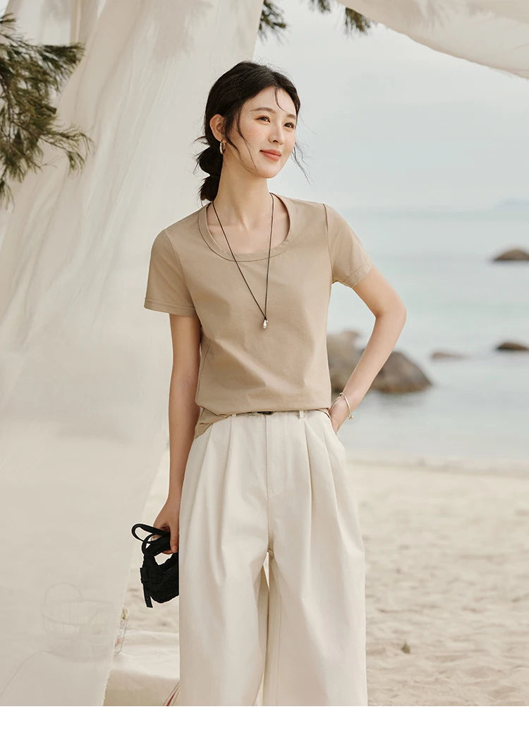 MISHOW Solid Casual T-shirts Women Summer 2025 New Square Neck Short Sleeve Shirt Female Fashion Straight Tops Woman MXE15T0483