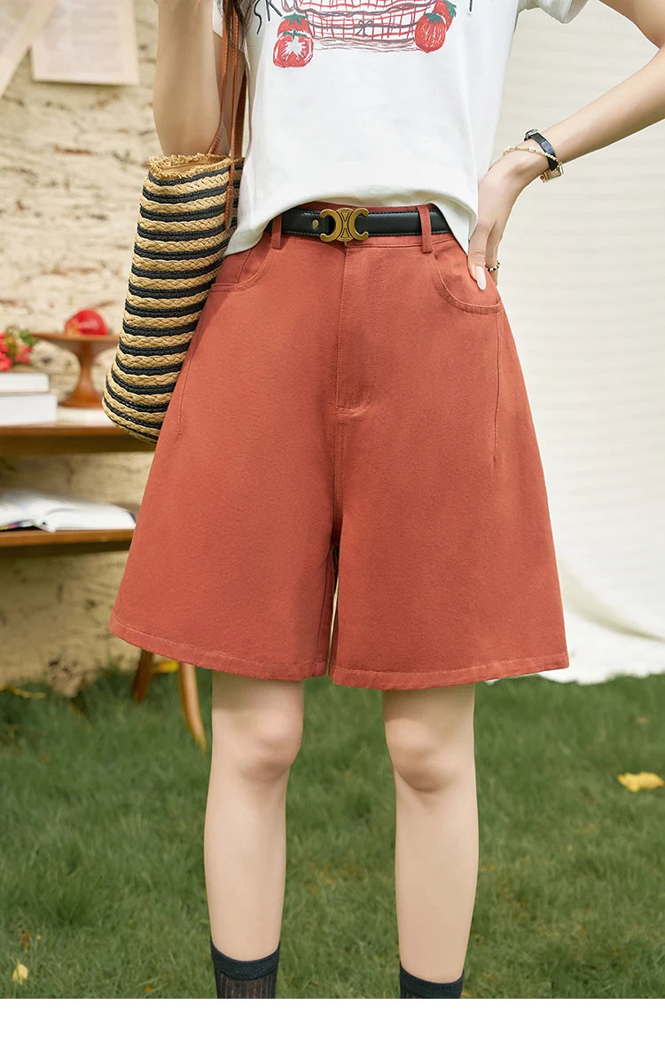 MISHOW Red Casual Shorts for Women 2024 Summer Korean Symmetrical Pocket High Waist Loose Straight Leg Short Pants MXD25K0679