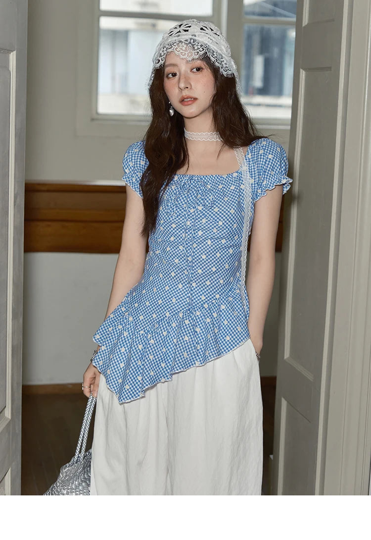 MISHOW Plaid Print Puff Sleeve Top for Women 2025 Summer Slim Square Neck Lace Up Asymmetrical Blouse Ladies Clothing MXE39X1930