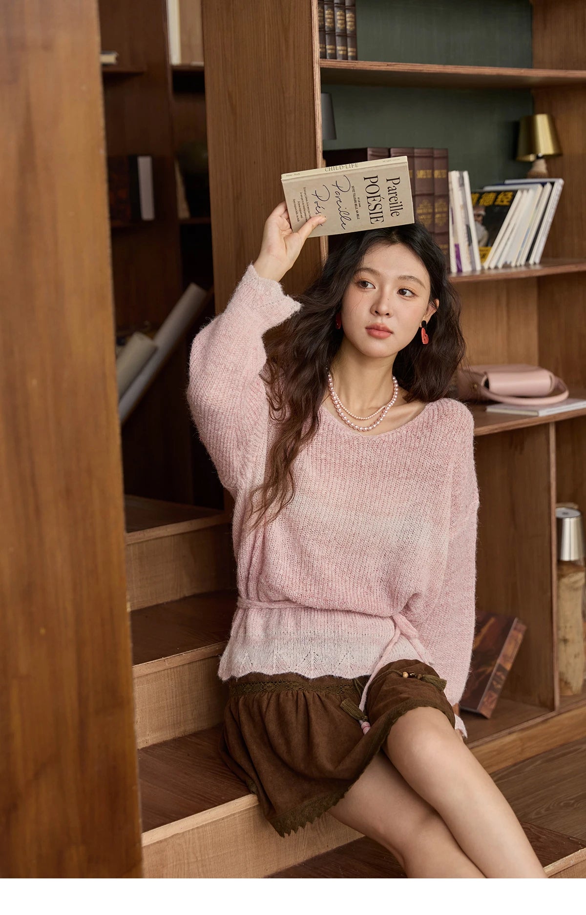 MISHOW Women's Pink Gradient Knitted Top 2025 Autumn French Wool Blend Ribbed Cuff Long Sleeve Tops with Knitted Rope MXE43Z1334