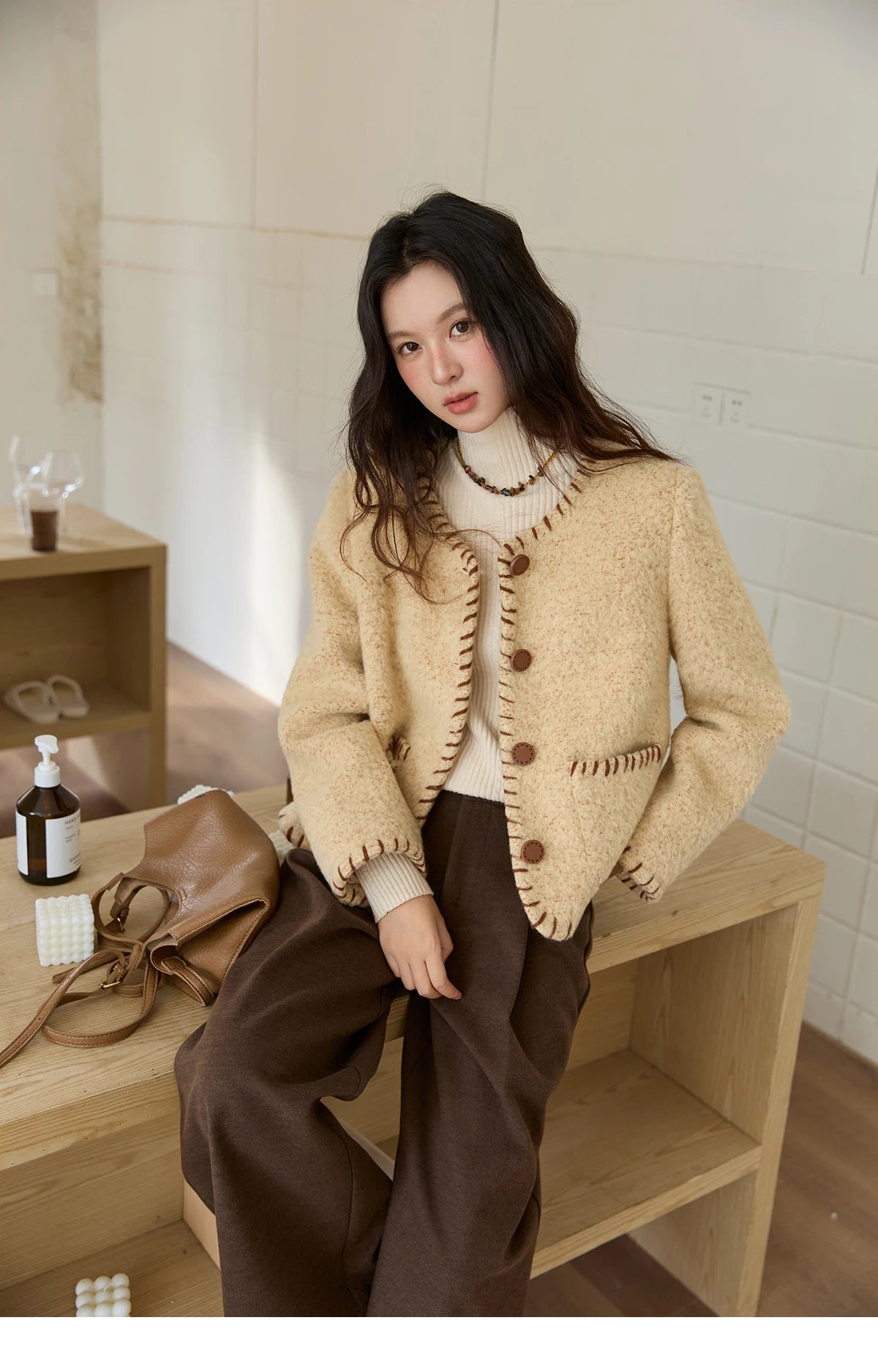 MISHOW Women Winter Jacket 2025 Fashion New Apricot Round Neck Single-breasted Wool Coat Elegant Commuting Short Coat MXE88W0885
