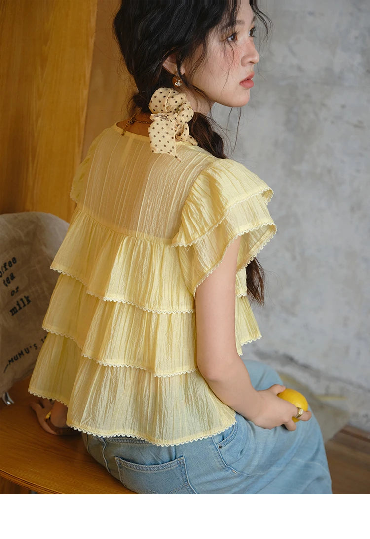 MISHOW Butterfly Sleeve Chiffon Shirt Women's 2025 Summer New Women's Clothing Retro Square Neck Button Casual Shirt MXD30X1488