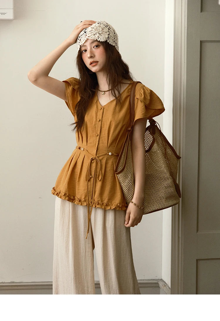 MISHOW Women's Petal Sleeve Slim Shirt 2025 Summer New V-neck Button Bead belt Black Fungus Edge Top Ladies Clothing MXE39X1881