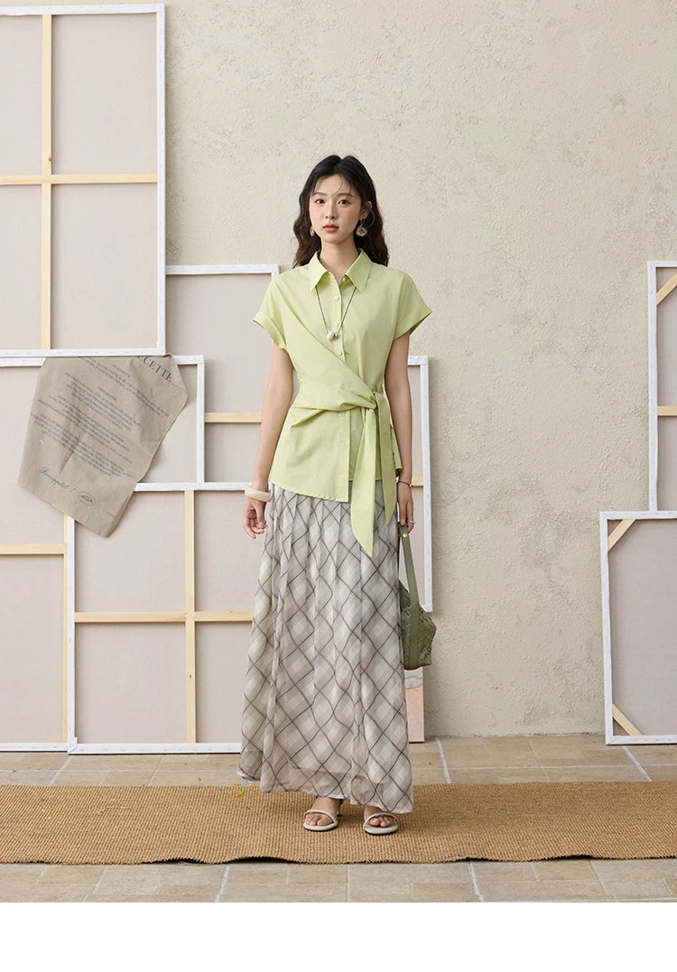 MISHOW Apricot Green Retro Plaid Skirt for Women Summer 2025 Pleated Chiffon High Waist Elegant Slim A-line Skirts MXE35B0747