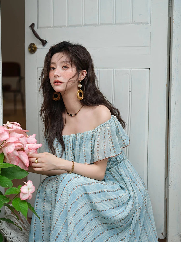 MISHOW Women's Fashion Slash Neck Chiffon Dress 2025 Ladies Elegant Vacation Striped French Dresses Female Clothing MXE39L2380