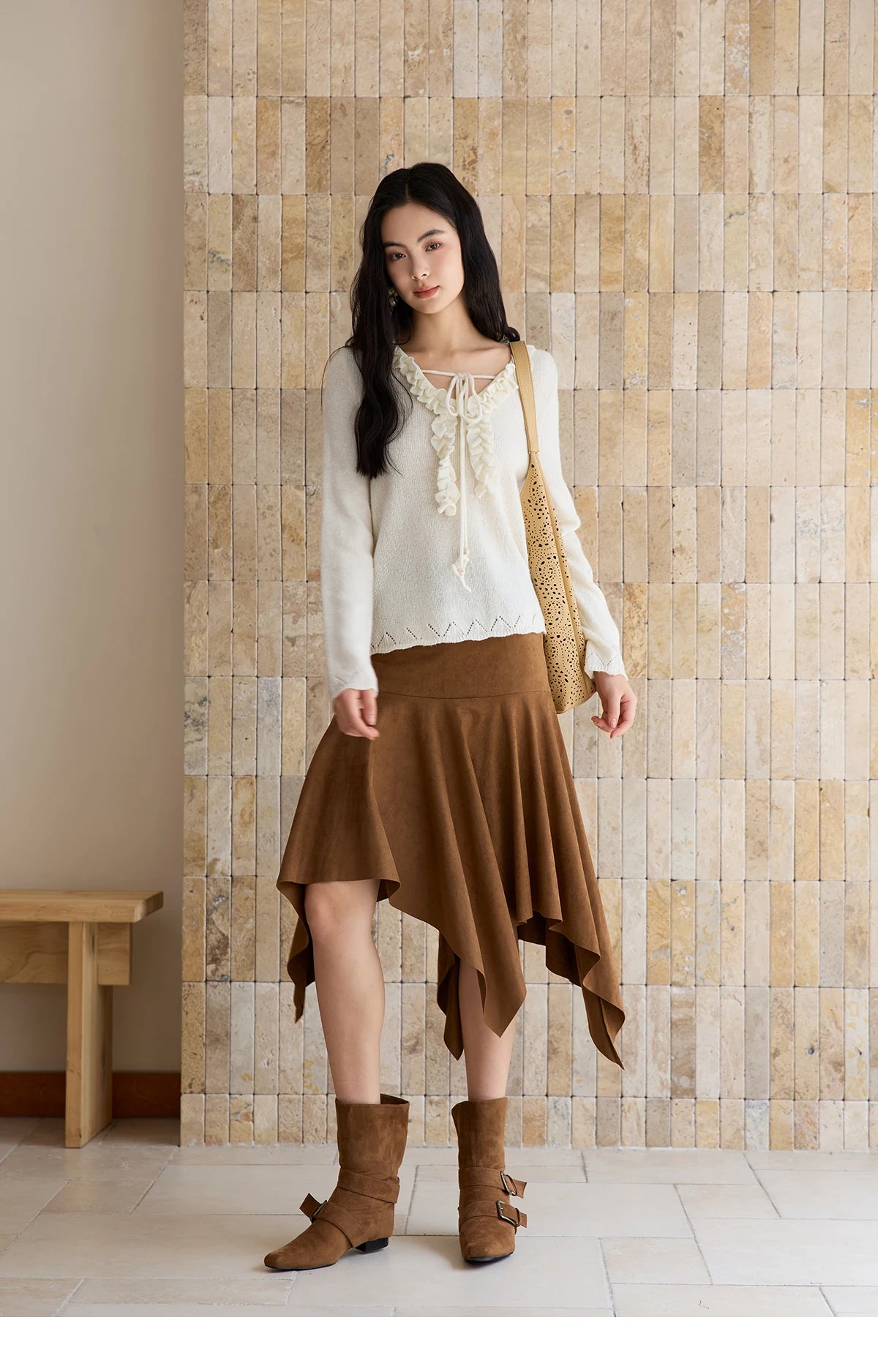 MISHOW Women Long Sleeve Tees 2025 Autumn New V-neck Wood Ear Hollow Out Knitted Sweater Women's Beige Wool Top MXE51Z2595