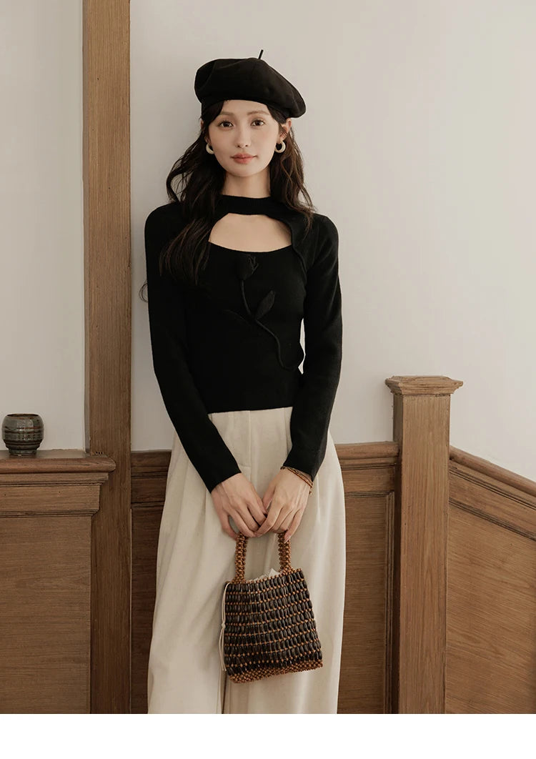 MISHOW Women’s Black Tulip Knitted Sweater French Vintage Hollow Out Sweaters Mock Neck 2024 Fall Elegant Slim Top MXD42Z0731