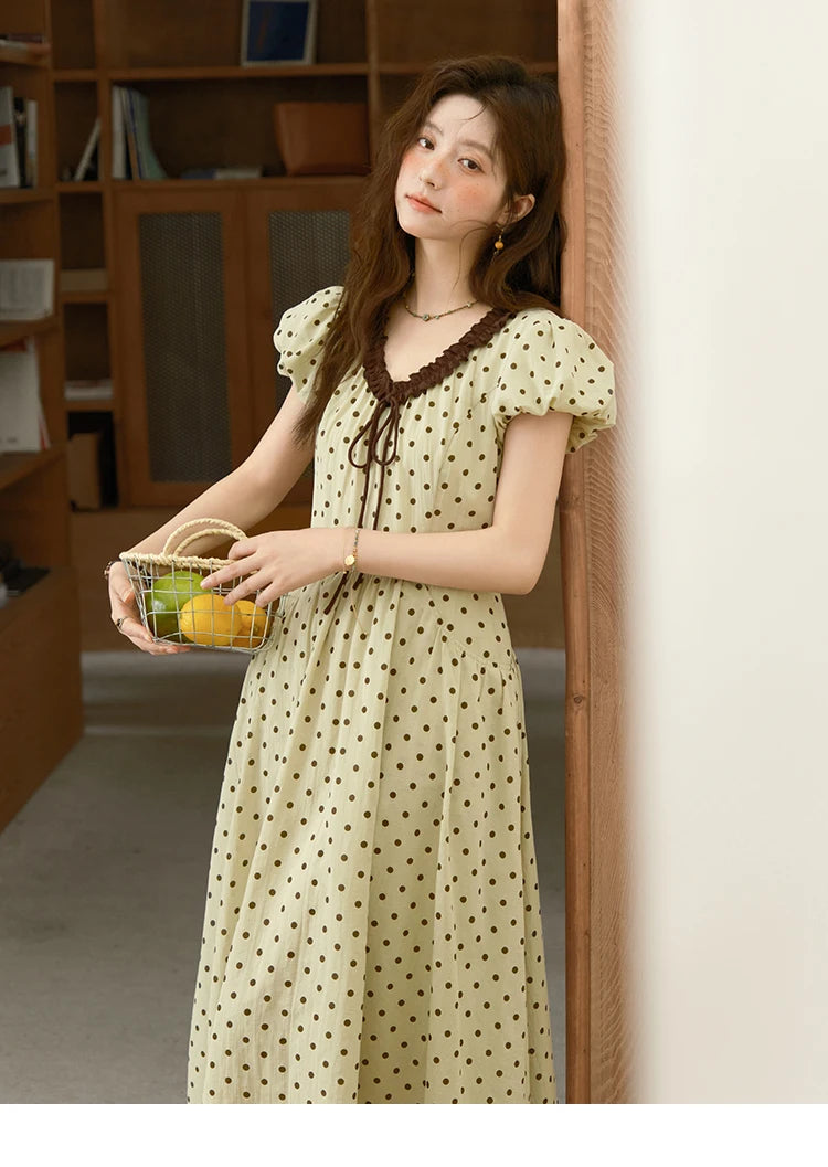 MISHOW Women's Casual Polka Dot Dress 2025 Summer New Ladies Puff Sleeve V-neck Lace Up Ruffle Edge Pocket Dresses MXE39L2326