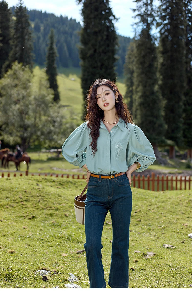 MISHOW Hong Kong Retro Solid Long Sleeve Shirt 2024 Autumn Temperament Loose Tops Lantern Sleeve Embroidery Shirts MXD41C0287