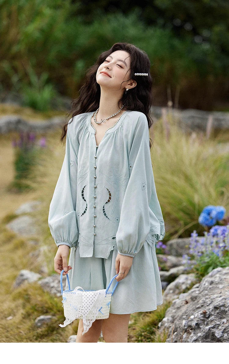 MISHOW Women's Sweet Blouses A-line Skirts Set Vintage Hollow Out Embroidery Loose Shirt Solid Skirt Two-piece Set MXE12T0455