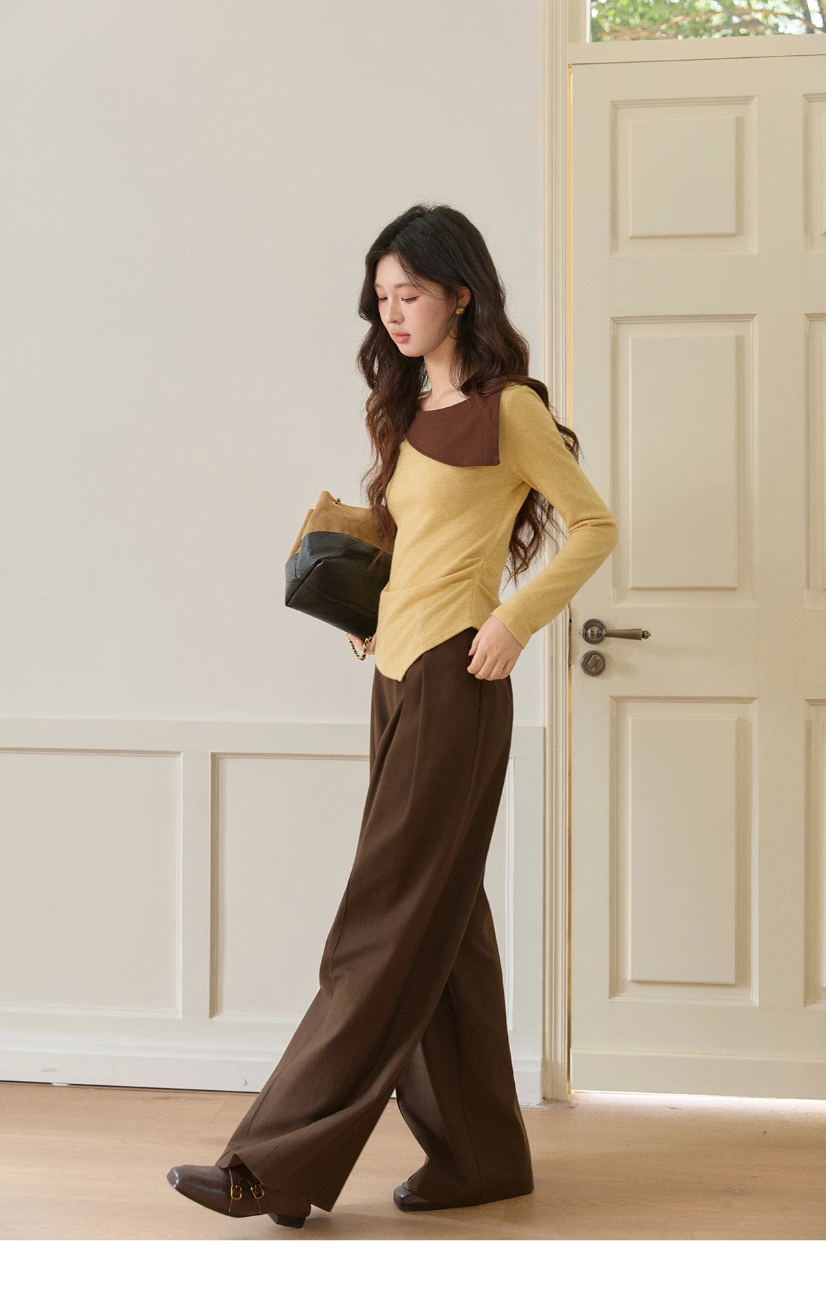 MISHOW Women's Dark Brown Wide Leg Pants 2026 Spring High Waist Pleated Pants Back Elastic Waist Casual Trousers MXF108K1010