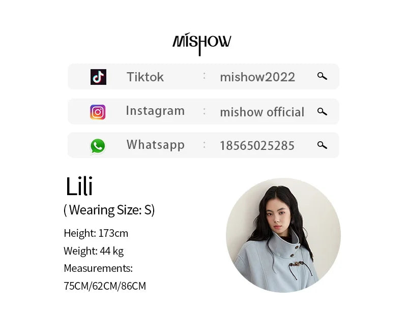 MISHOW Blue Woolen Coat Women 2025 Winter New Double-breasted Lace Up Coat Mid-length Windbreaker Women's Clothing MXE51W0872