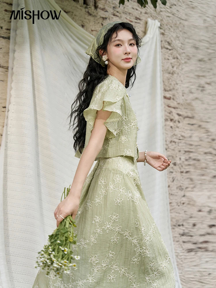 MISHOW Chinese Green Stand Collar Lotus Leaf Overlapping Sleeve Top Hem Stringy Selvedge Skirt Separately 2024 Summer MXD22X1388