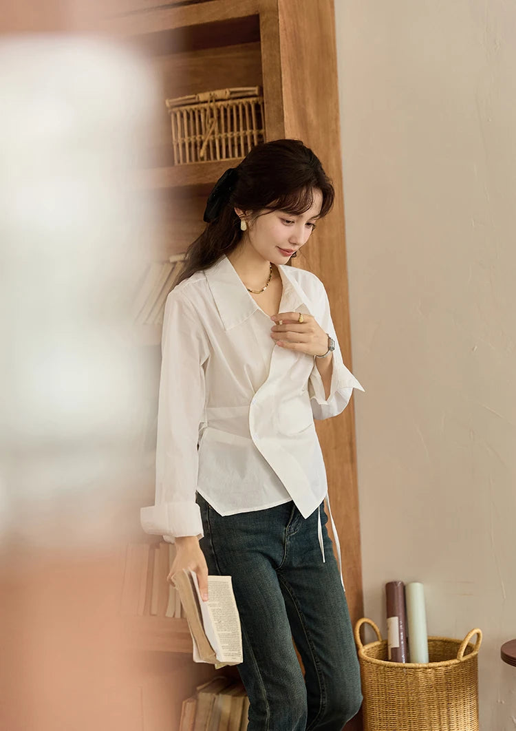 MISHOW French Side Placket Asymmetric Shirt Autumn 2025 Pleated Waist Lapel Shirts Long Sleeve Loose Commuter Tops MXD45C0357