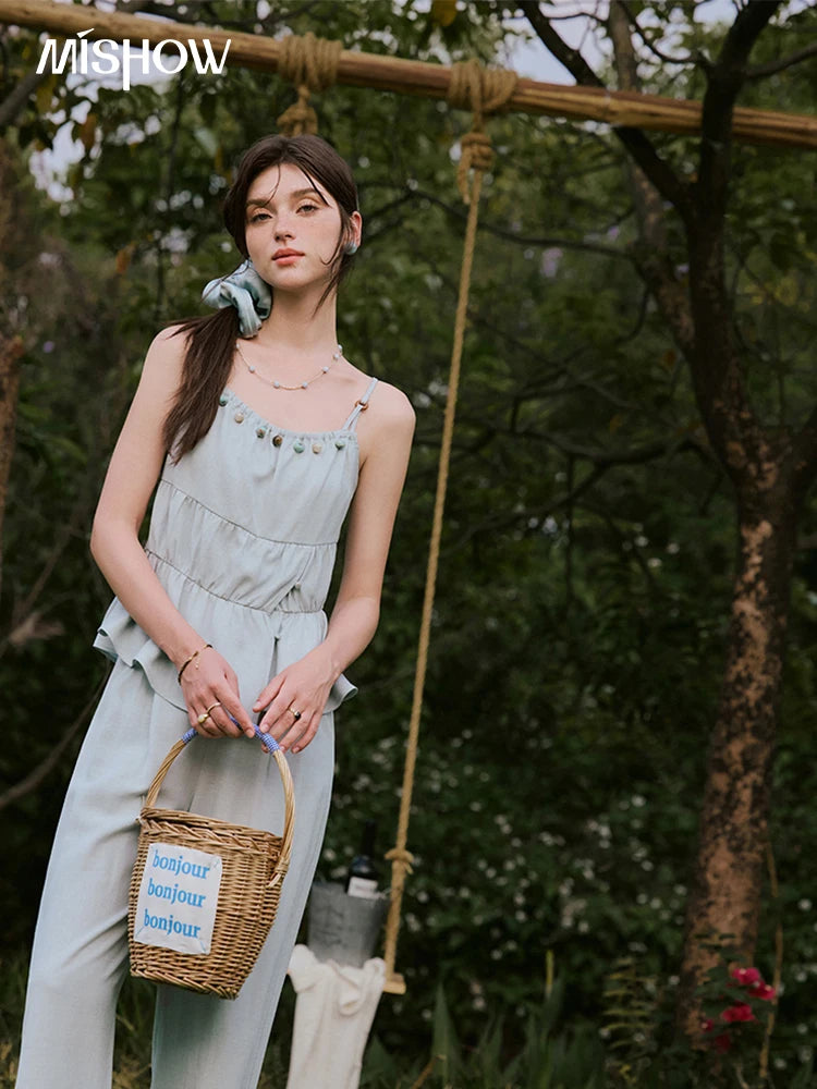 MISHWO Office Lady Summer Camisole Pant Sets for Women 2025 Solid Sleeveless Tops High Waist Loose Pants Female New MXE33T0547