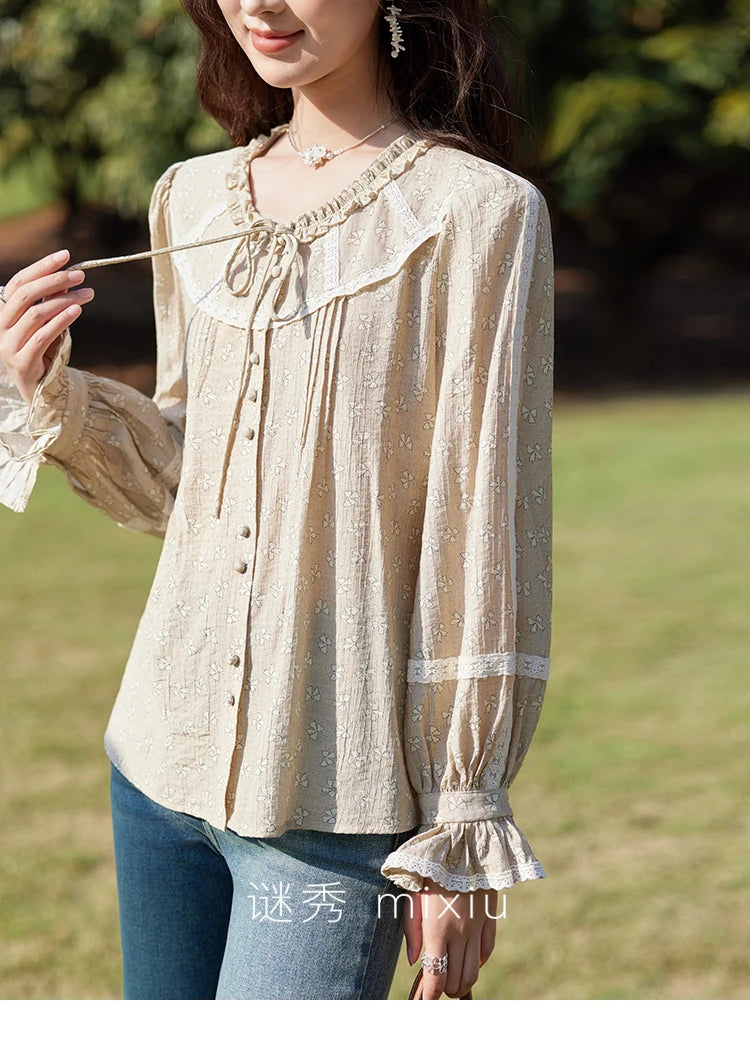 MISHOW Women's Floral Round Neck Shirts 2025 Spring Ruffled Collar Commuting Top Sweet Petal Sleeve Lace-up Shirts MXE14X1729