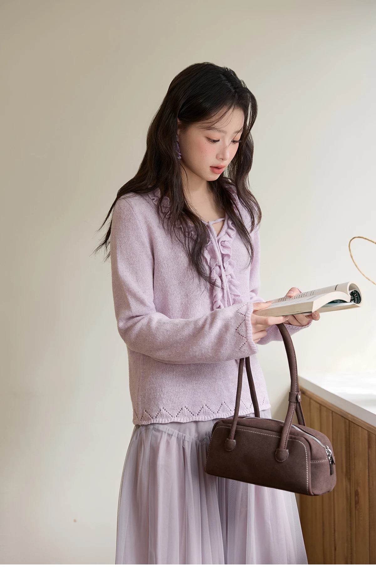 MISHOW Women Long Sleeve Tees 2025 Autumn New V-neck Wood Ear Hollow Out Knitted Sweater Women's Beige Wool Top MXE51Z2595