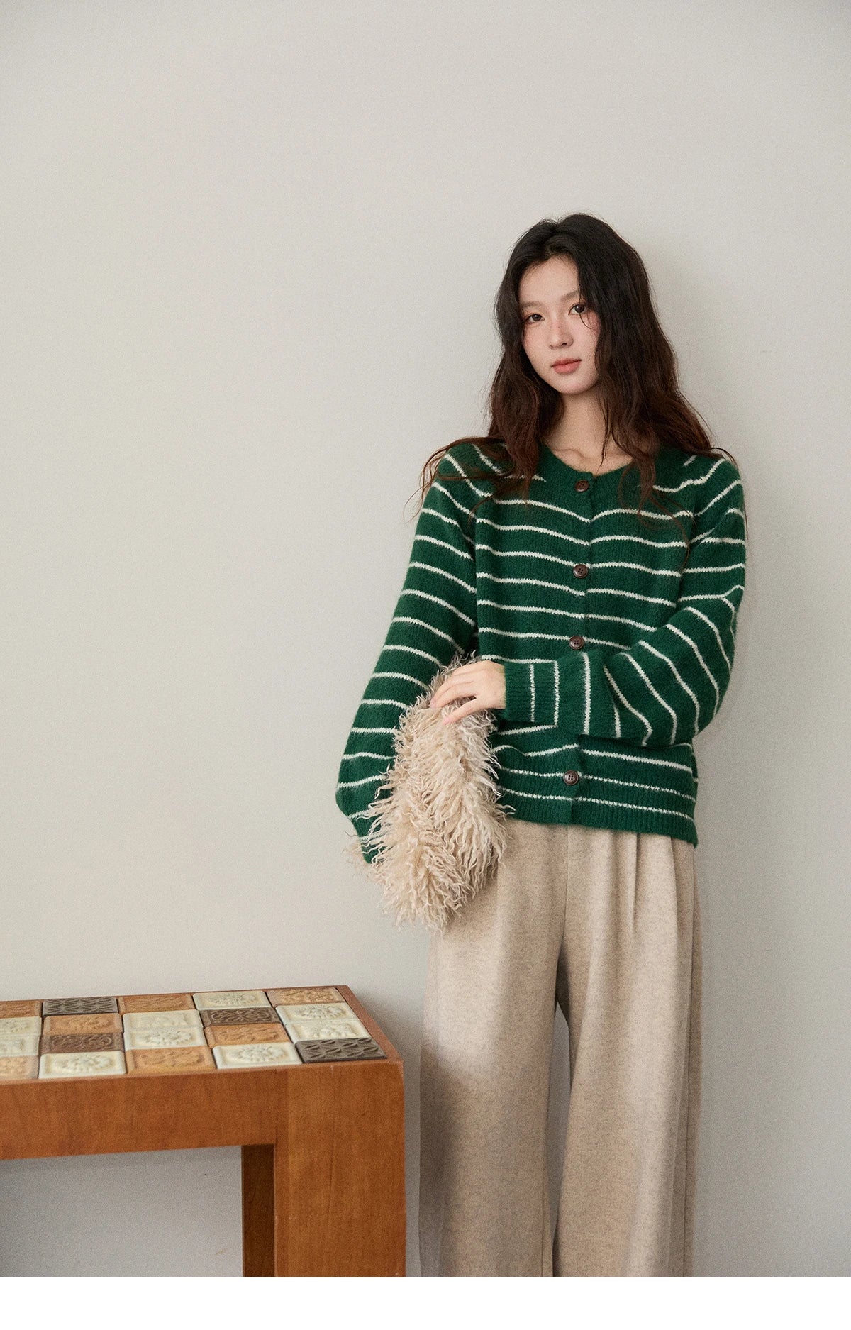 MISHOW Green Striped Cardigans for Woman 2025 Winter Knitted Cardigan Wool Blend Loose Retro Crew Neck Knit Sweater MXE86Z2735