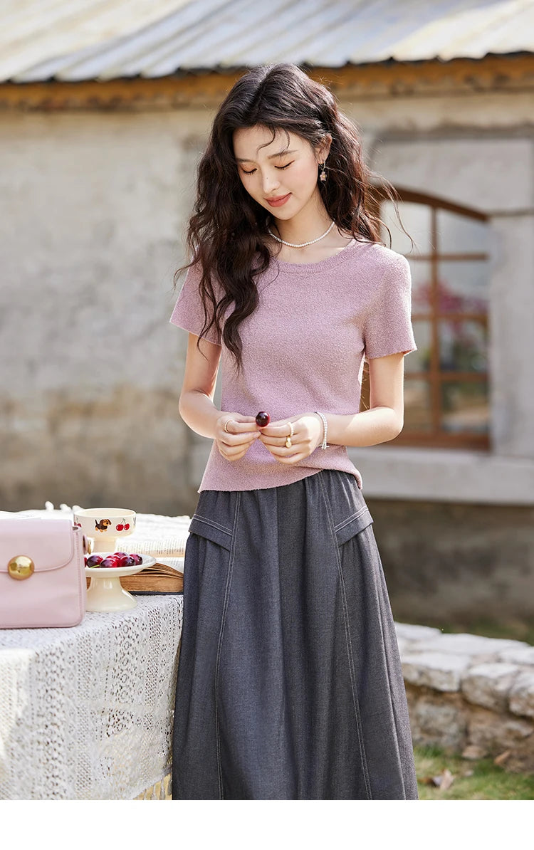 MISHOW Women's Short Sleeved Knitted T-shirt Spring 2025 Korean Minimalist Back Hollowed Out Pearl Buckle Design Tees MXE13Z1072