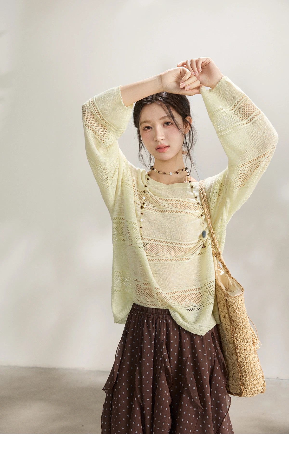 MISHOW Women's Pale Yellow Knit Top 2026 Spring Crew Neck Hollow Out Striped thin tops Casual Loose Sheer Sweater MXF13Z3020