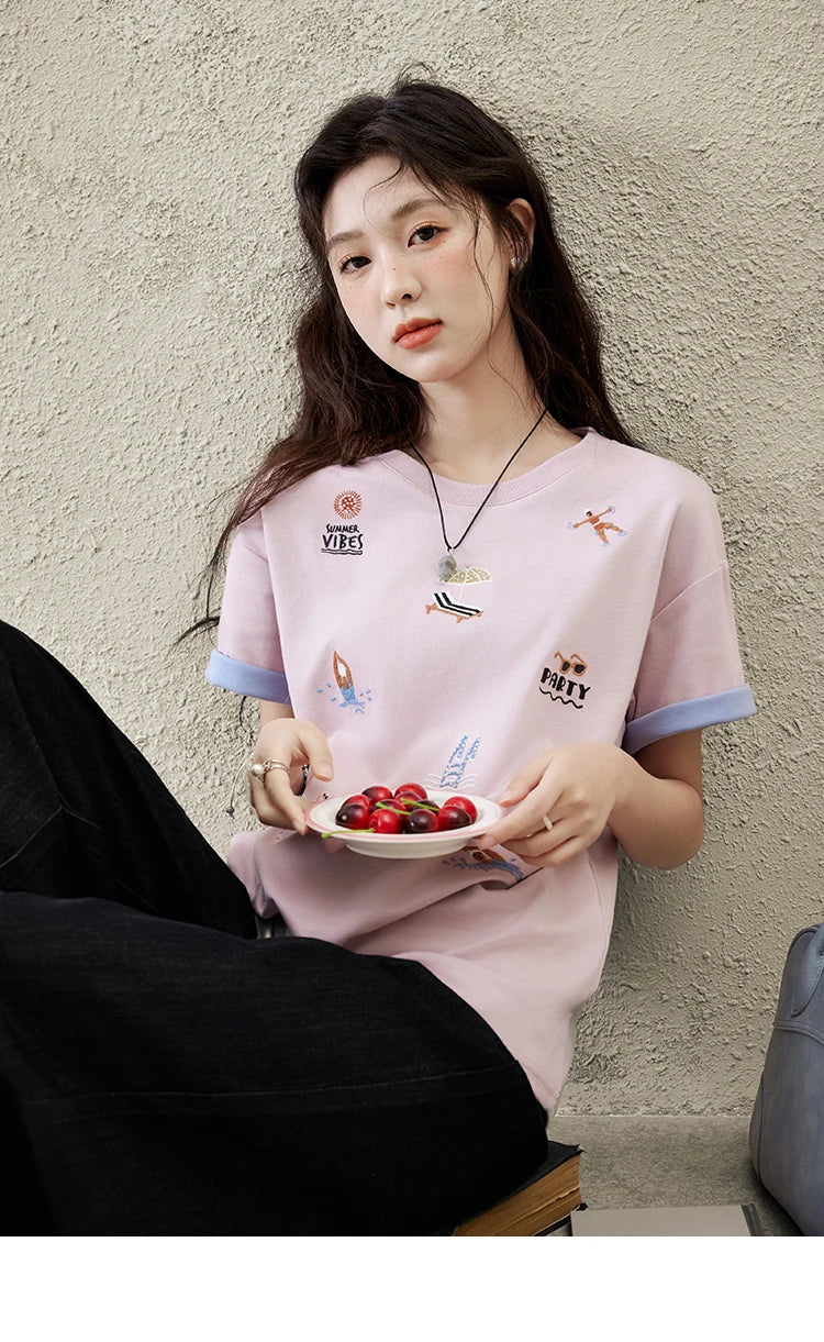 MISHOW Embroidered Casual T-shirt for Women Summer 2025 Short Sleeve Round Neck Shirts Female New Fashion Tops Lady MXE16T0506