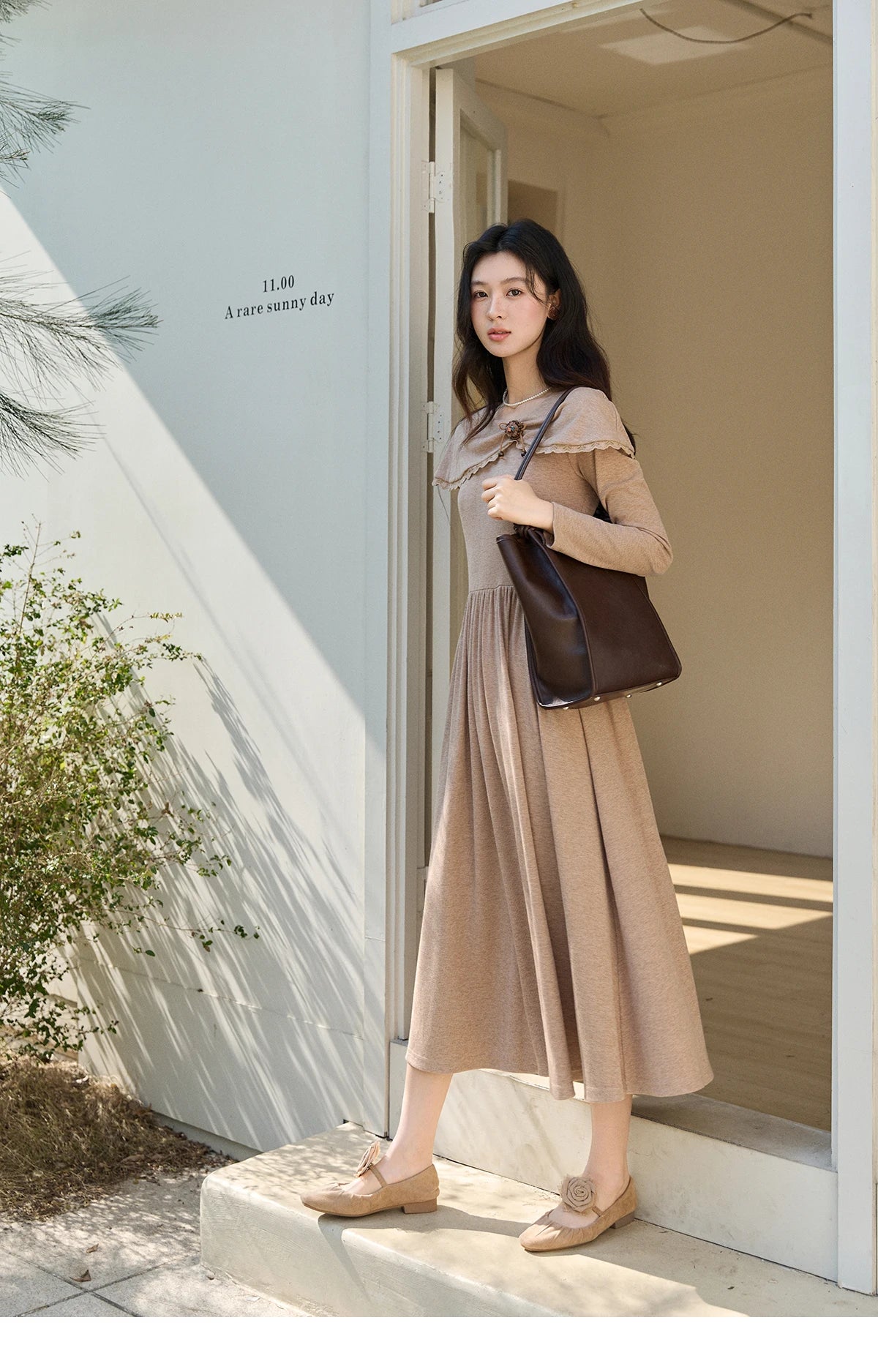 MISHOW Women's Khaki Knitted Dress 2026 Spring Large Collar Decor Long Sleeve Dresses Pleated Casual Elegant Dress MXF11L2553