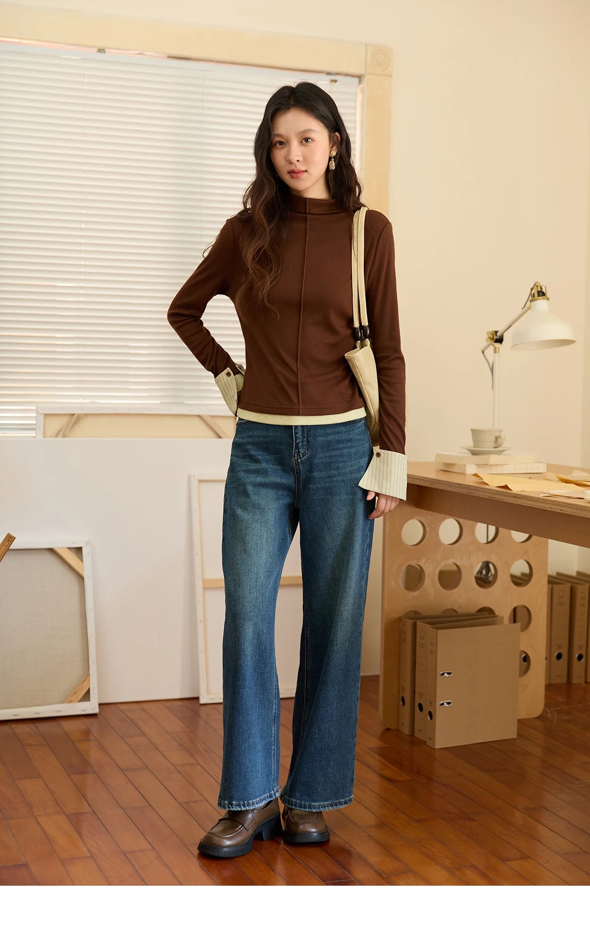 MISHOW Knitted Tops for Women 2025 Autumn New Apricot Stand Collar Long Sleeves Slim Fit with Detachable Cuffs Tops MXE49Z2532