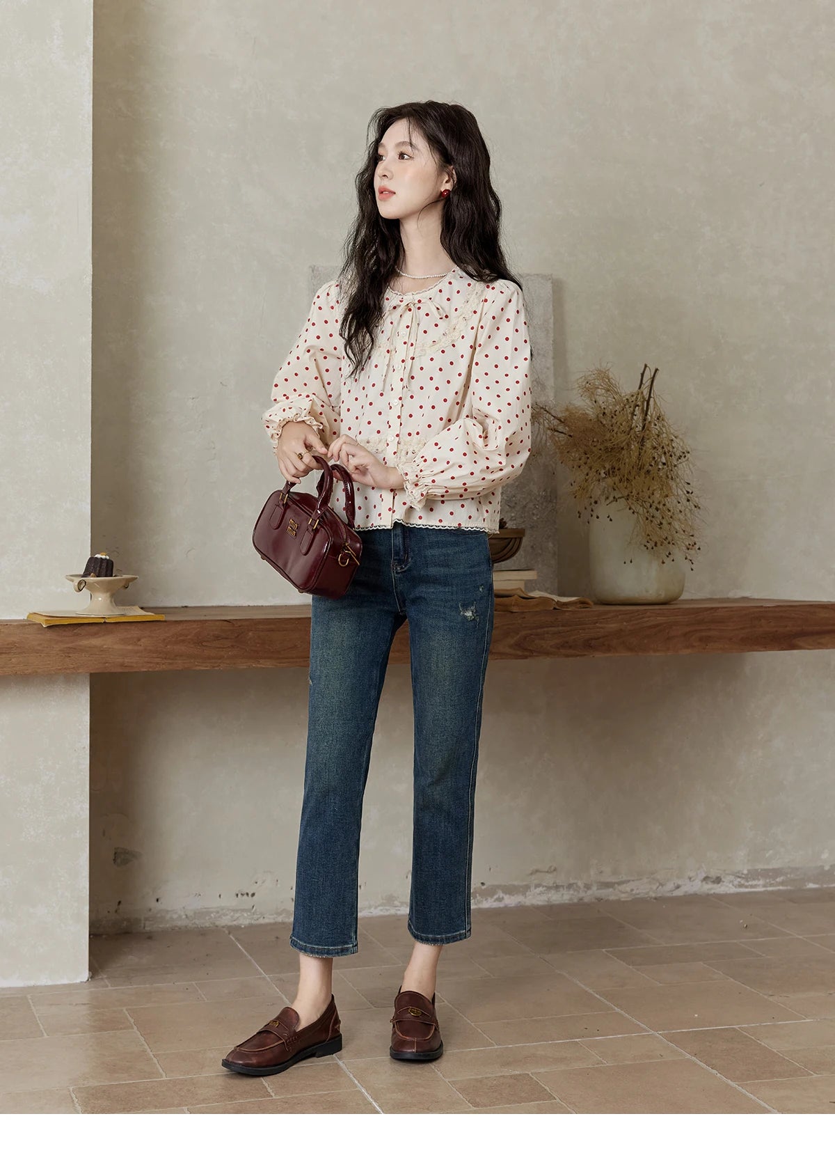 MISHOW Lace Up Polka Dot Round Neck Lace Shirt for Women Autumn 2024 Thin Sweets Shirt Elastic Petal Cuffs Chic Top MXD44X1667