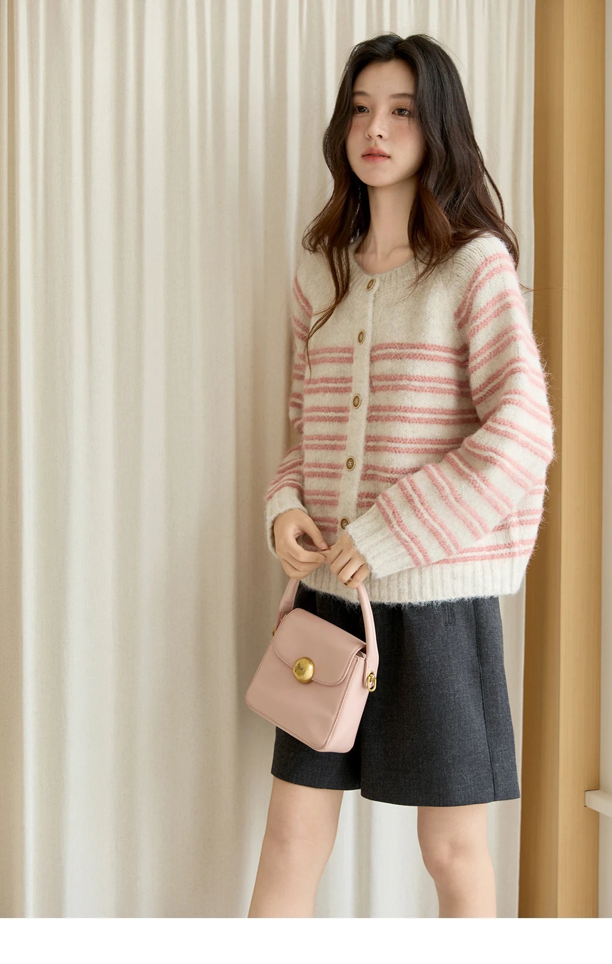 MISHOW Women's Pink Striped Cardigan 2025 Autumn Winter French Style Round Neck Wool Blended Sweater Loose Casual Top MXE49Z2615