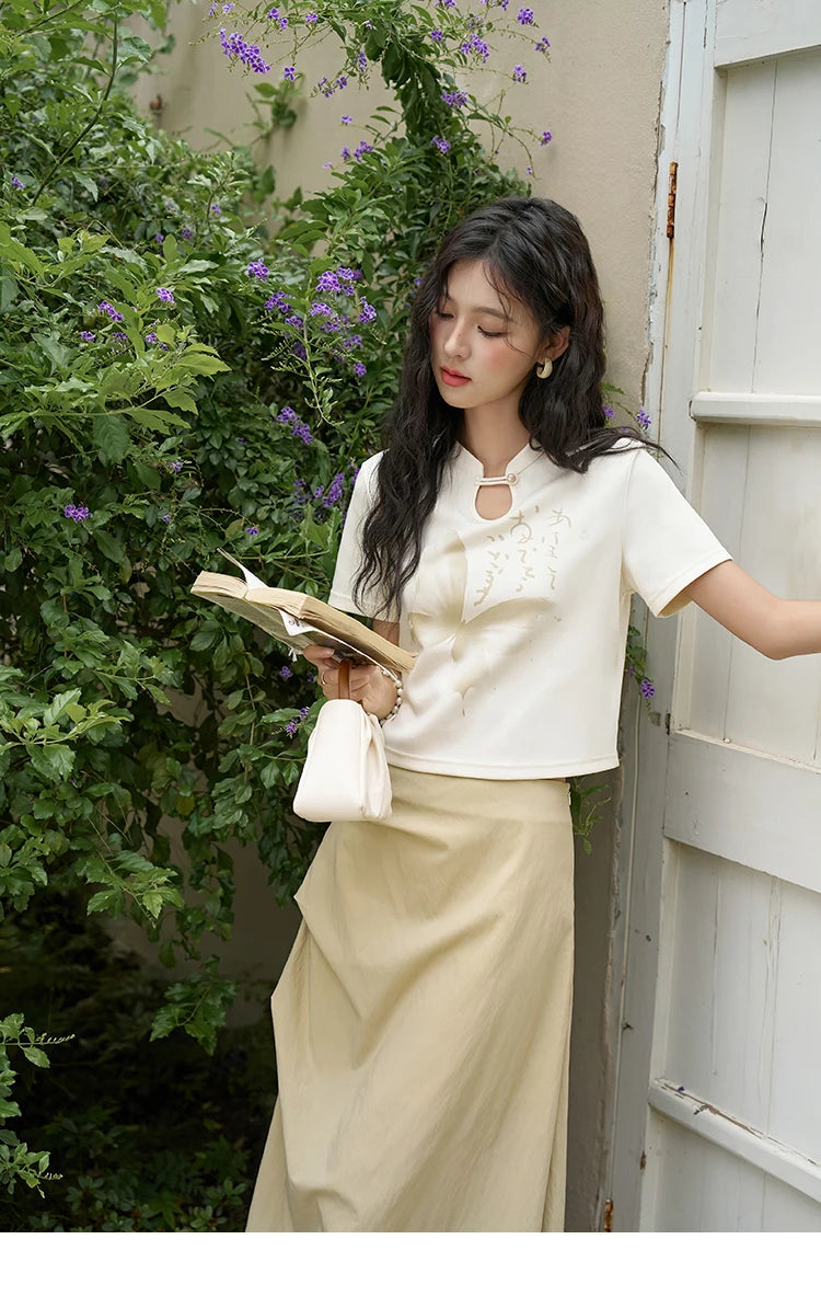 MISHOW Chinese Stand Collar Top Pleated Skirt Separately 2024 Summer Short Ink Painting Printed T-shirt A-line Skirt MXD27T0272