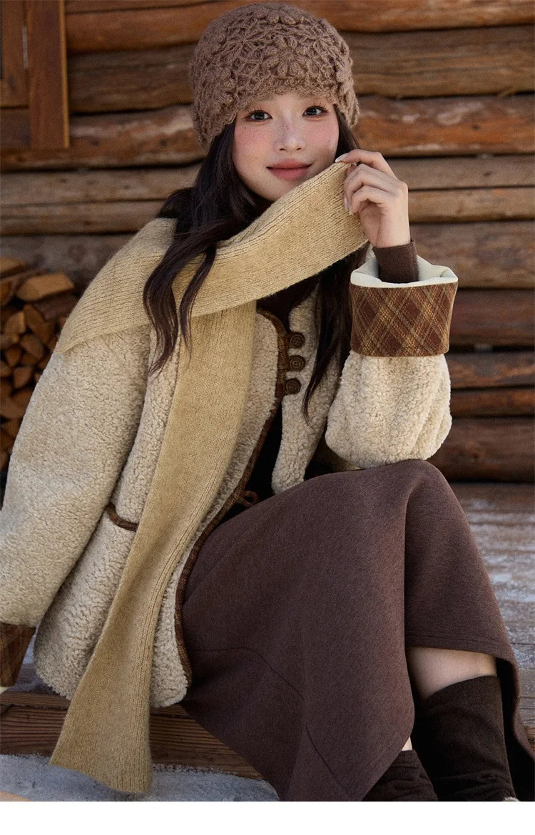 MISHOW Woman Plaid Patchwork Lamb Wool Coat 2025 Winter Round Neck Coat Commute Warm Loose Jacket (Without A Scarf)MXE90W0923
