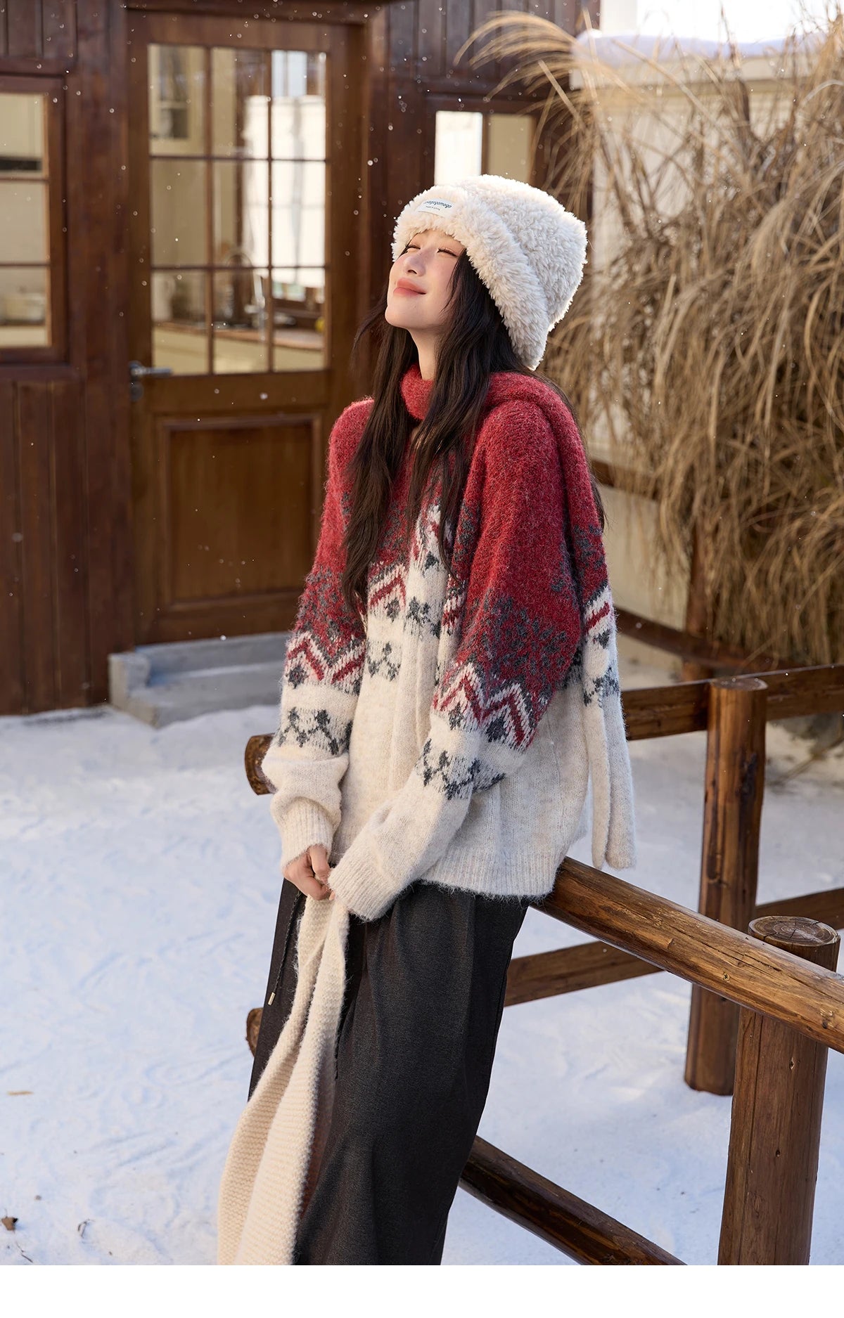 MISHOW Christmas Jacquard Retro Sweater Winter Geometric Red Scarf Fair Isle Sweater Wool Blend Thickened Knitted Top MXE51Z2628