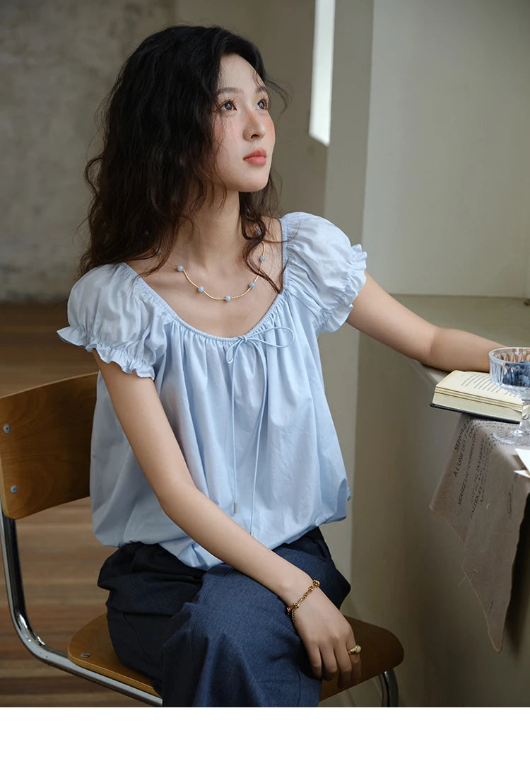 MISHOW 100% Cotton Blouse for Women 2025 Summer New Fashion Puff Sleeve Casual Commute Lace Up Top Ladies Clothing MXE37X1893