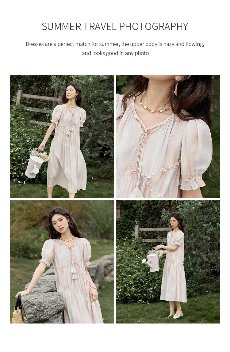 MISHOW French Summer Dress Women 2025 New V-neck Short Puff Sleeve Hollow Gradient Dresses Female Fashion Slimming MXE31L2166