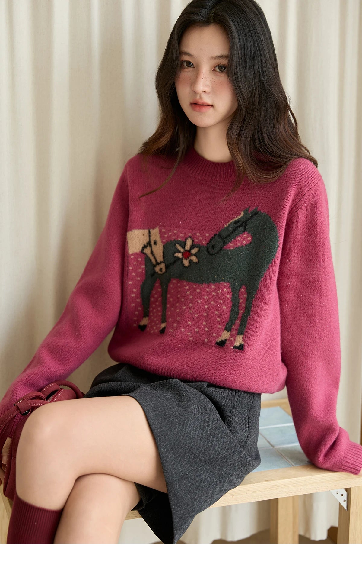 MISHOW Red Sweater Women 2025 Autumn Winter French Round Neck Pony Jacquard Loose Pullovers Long-sleeved Knitted Top MXE48Z2622