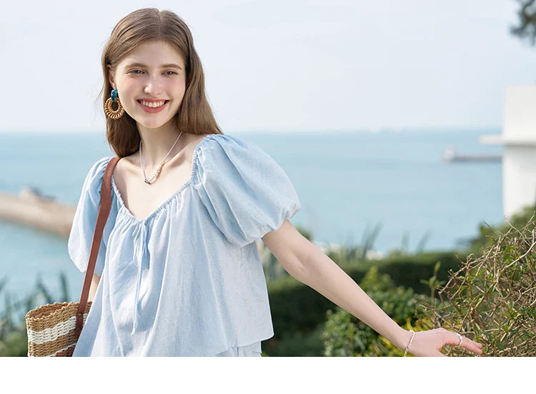 MISHOW French Square Neck Tied Lantern Sleeve Blouses 2025 Summer Double Layered Hem Puff Sleeve Solid Sweet Tops MXD26X1551