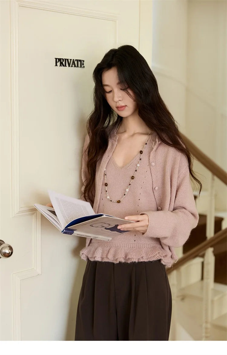 MISHOW Knit Cardigan for Women 2025 Autumn Elegant Pink Crew Neck Cardigan Loose Suspenders Two-piece Suit for Women MXE48T1404