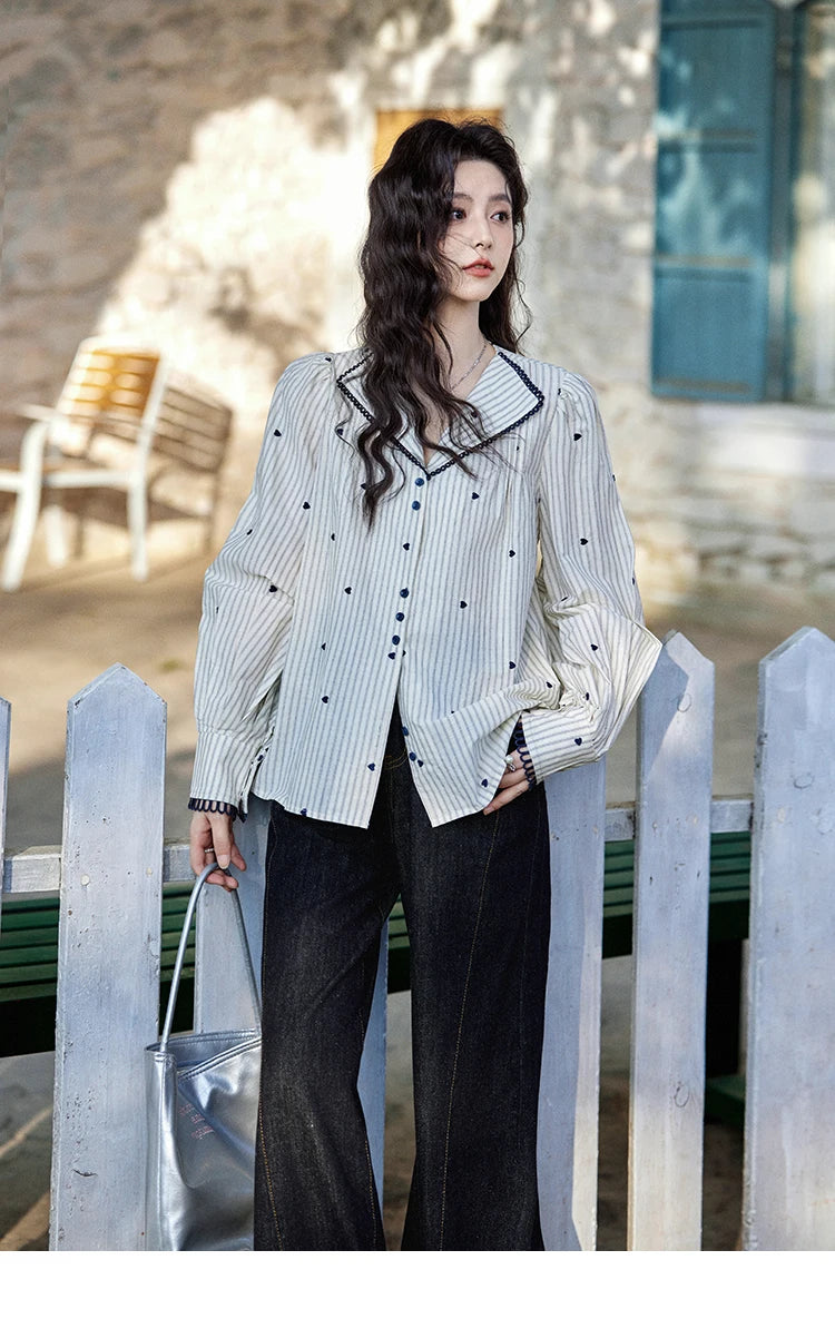 MISHOW Striped Bubble Sleeve Shirt for Women 2025 Spring French Retro Love Embroidered Top 100 Cotton V-neck Shirts MXE12C0390