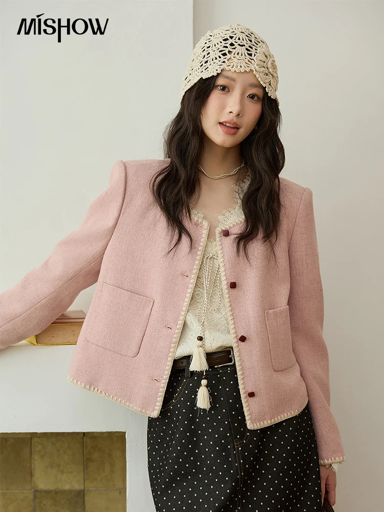 MISHOW Women's Solid Tweed Jacket 2025 Autumn Vintage Commute Round Neck Long Sleeved Short Jackets Woman Clothes MXE44W0812